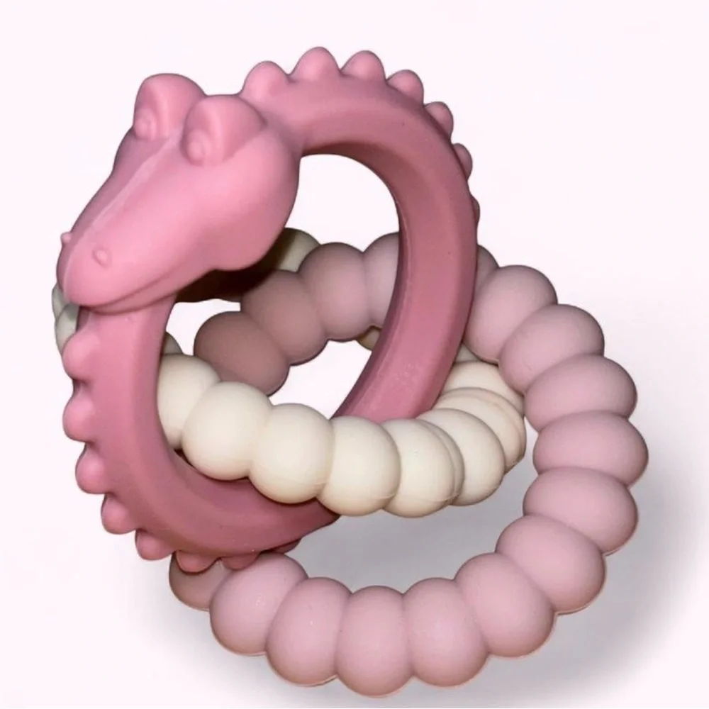 Silicone Alligator Ring Teether in Pink and Cream